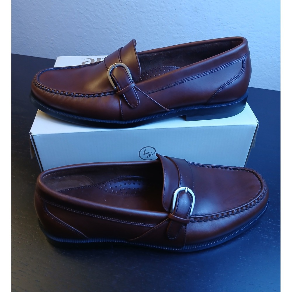 Mens Brown Leather Buckle Loafers Moc Toe Shoes 9.5 M 060-3466